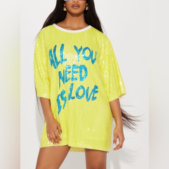 Fashion Nova Dresses & Skirts - FASHION NOVA/FANCY DREAM Sequined Yellow Mini Dress "All You Need Is Love" 💛
